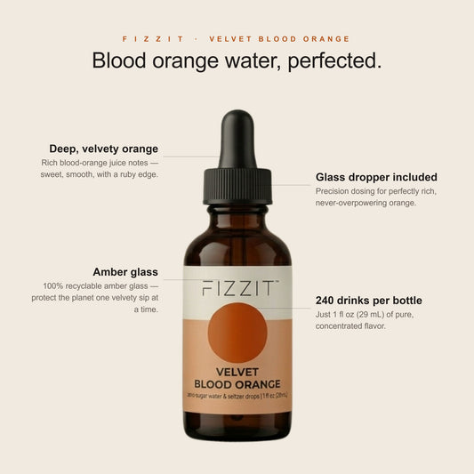 FIZZIT Velvet Blood Orange Flavor Drops | Zero Sugar, Zero Calories | Natural Sparkling Water Enhancer | Replaces 160 Seltzer Cans | 1 fl oz (29mL) Glass Bottle with Dropper