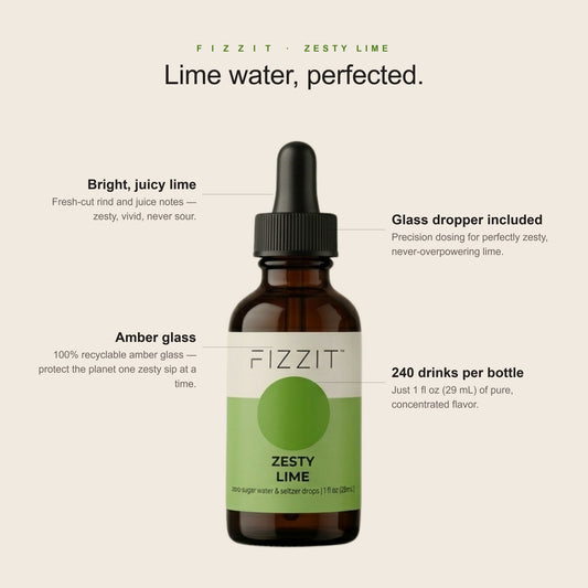 FIZZIT Zesty Lime Flavor Drops | Zero Sugar, Zero Calories | Natural Sparkling Water Drops | 1 fl oz (29mL) Glass Bottle with Dropper
