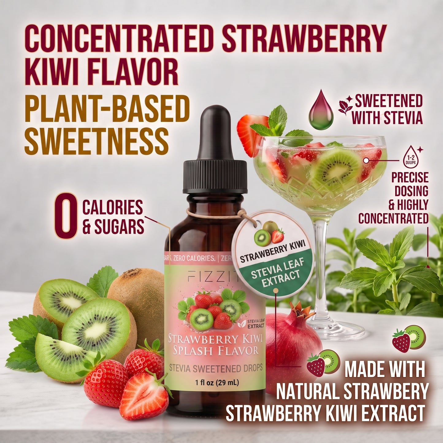 FIZZIT Strawberry Kiwi Splash - Naturally Sweetened Zero-Sugar Water Drops