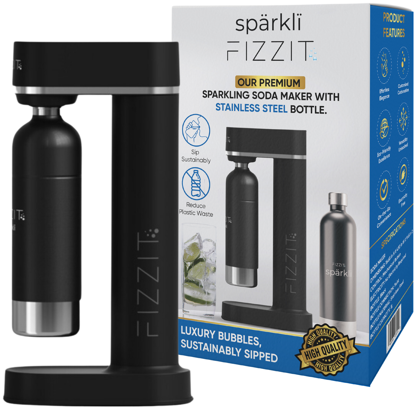 FIZZIT™ Spärklï Carbonated Water Soda Maker with Stainless Steel Bottle – Dishwasher Safe Bottles - Sparkling Water Maker
