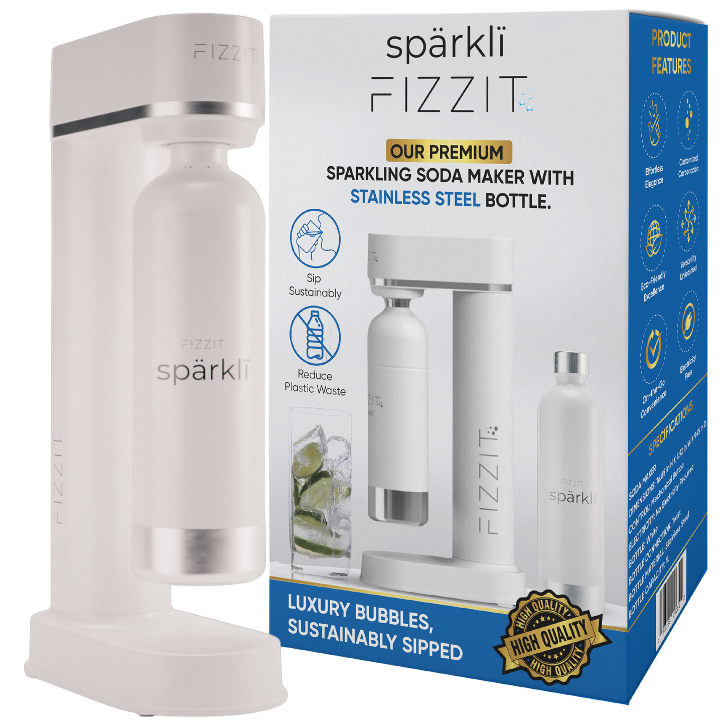 FIZZIT™ Spärklï Carbonated Water Soda Maker with Stainless Steel Bottle – Dishwasher Safe Bottles - Sparkling Water Maker