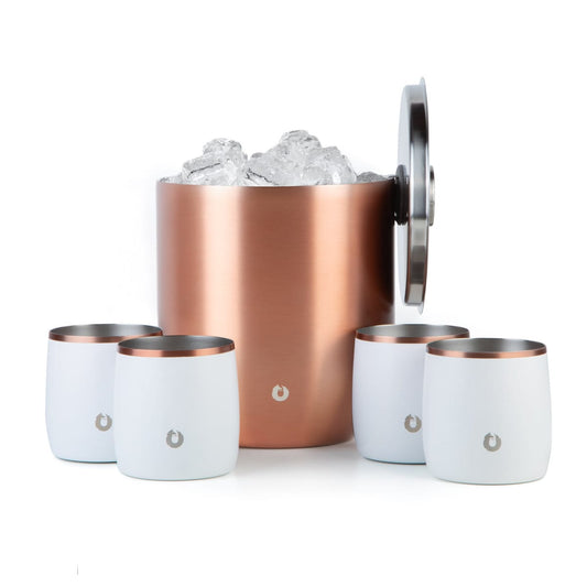 Stainless Steel Ice Bucket with Rocks Glass Set, Gold and White