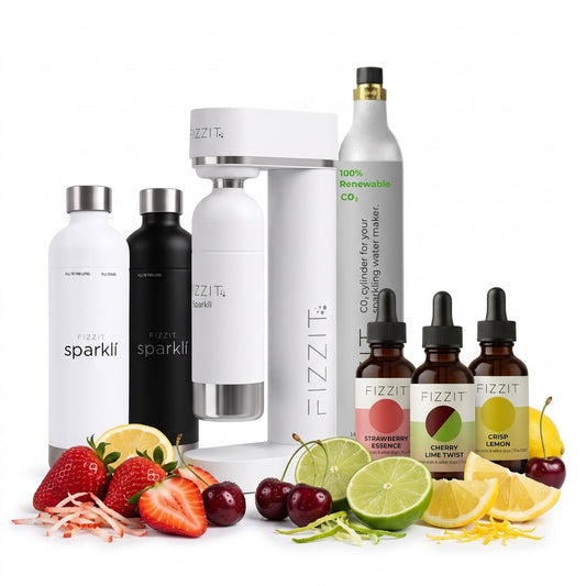 The FIZZIT Monarch Elite Collection | Premium Home Sparkling Water & Soda Maker Bundle | Includes 2 Stainless Steel Bottles, 60L CO2 Cylinder, & 3 Zero-Sugar Flavor Drops (480 Cans Equivalent)