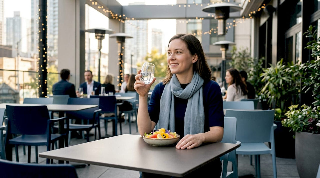 Woman tasting sparkling water with food at café
