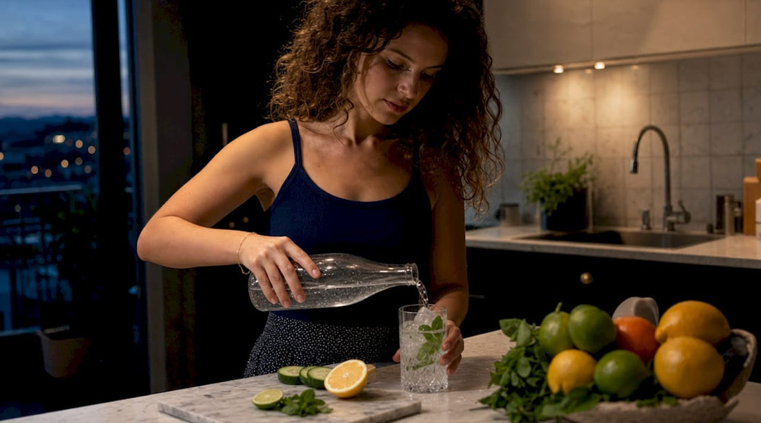 Woman making sparkle drink in kitchen