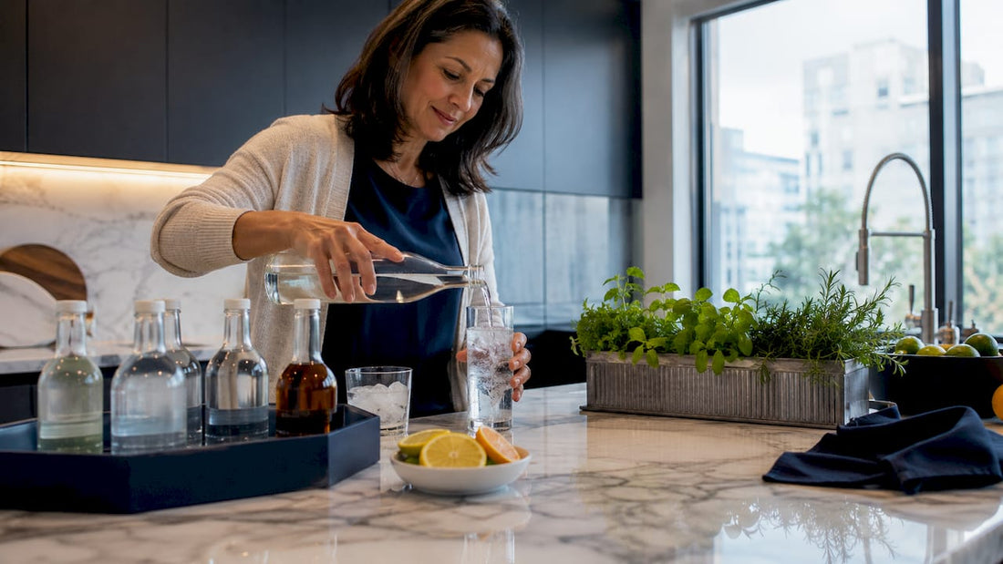 Woman pouring sparkling drink at kitchen counter