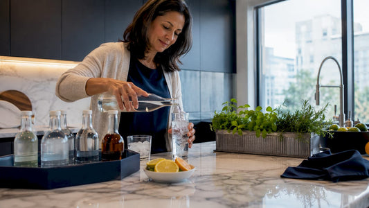 Woman pouring sparkling drink at kitchen counter
