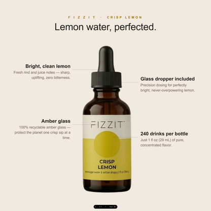 FIZZIT Crisp Lemon Flavor Drops | Zero Sugar, Zero Calories | Natural Sparkling Water Enhancer | Replaces 160 Seltzer Cans | 1 fl oz (29mL) Glass Bottle with Dropper