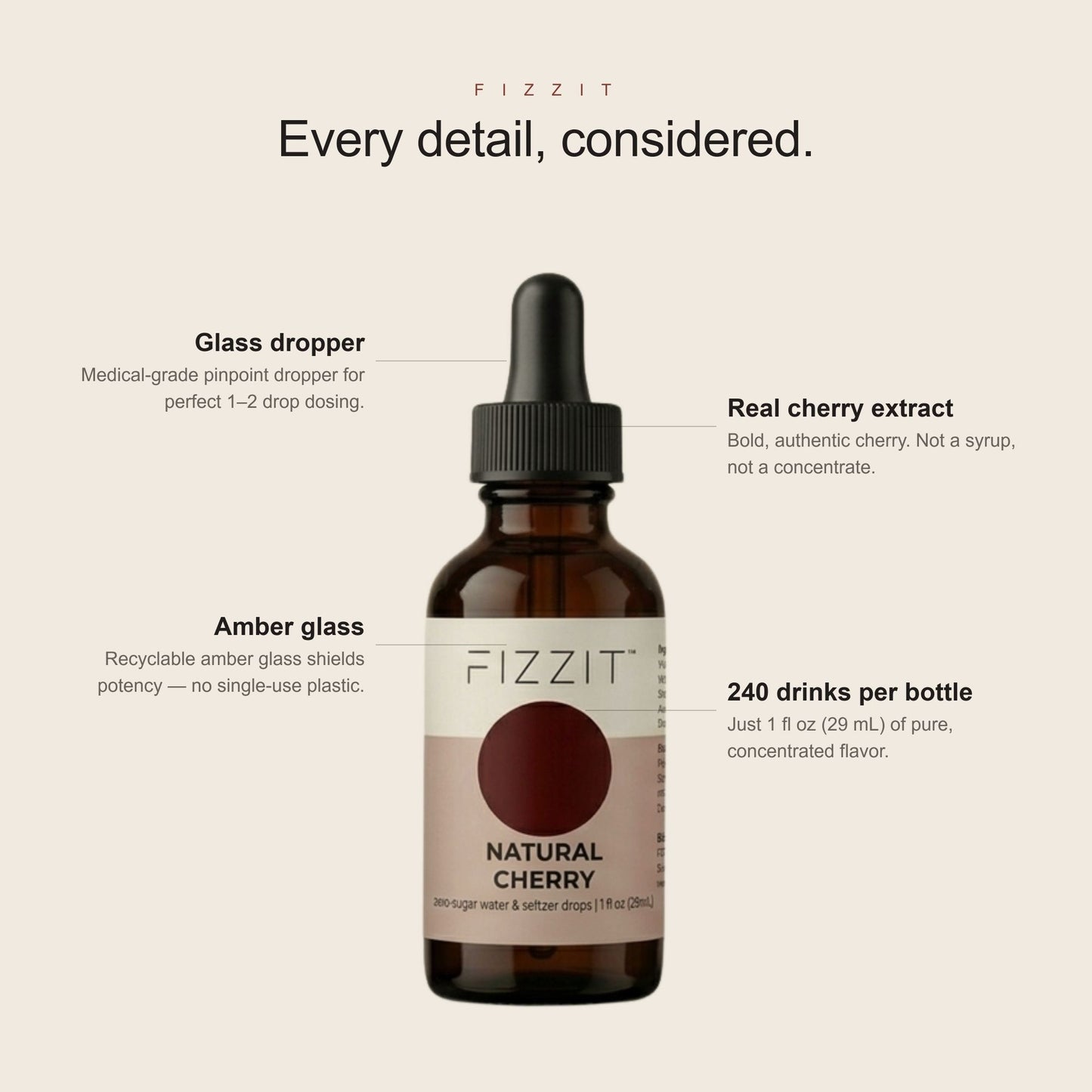 FIZZIT Natural Cherry Flavor Drops | Zero Sugar, Zero Calories | Natural Sparkling Water Enhancer | Replaces 160 Seltzer Cans | 1 fl oz (29mL) Glass Bottle with Dropper