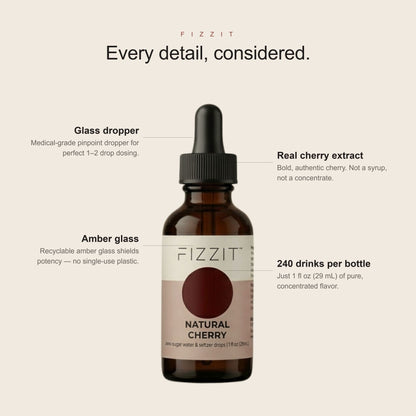 FIZZIT Natural Cherry Flavor Drops | Zero Sugar, Zero Calories | Natural Sparkling Water Enhancer | Replaces 160 Seltzer Cans | 1 fl oz (29mL) Glass Bottle with Dropper
