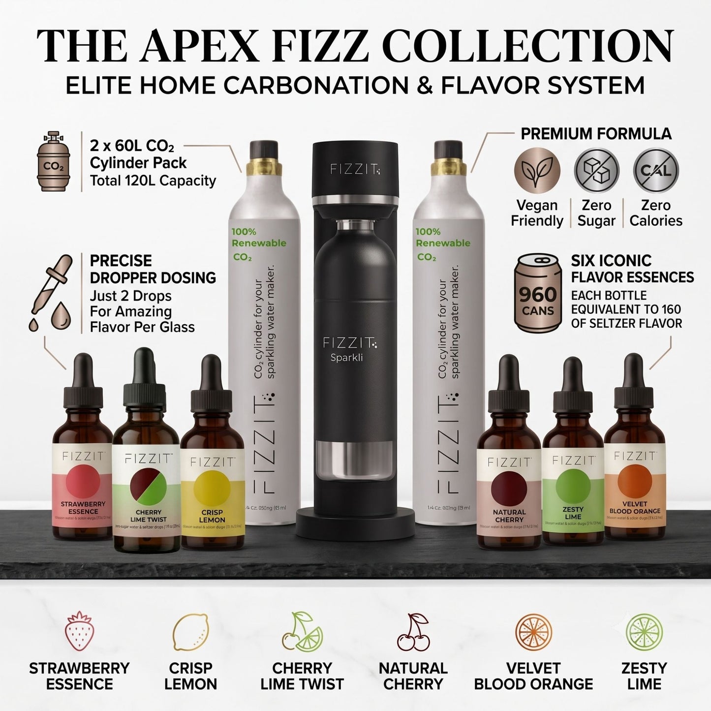 The APEX FIZZ Collection by FIZZIT: Elite Home Carbonation System Bundle | Includes Premium Soda Maker, Stainless Steel Bottle, Two 60L CO2 Cylinders, & 6 Zero-Sugar Flavor Drops (960 Cans Equivalent)