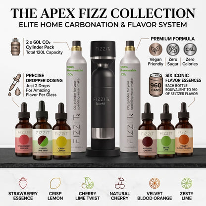 The APEX FIZZ Collection by FIZZIT: Elite Home Carbonation System Bundle | Includes Premium Soda Maker, Stainless Steel Bottle, Two 60L CO2 Cylinders, & 6 Zero-Sugar Flavor Drops (960 Cans Equivalent)