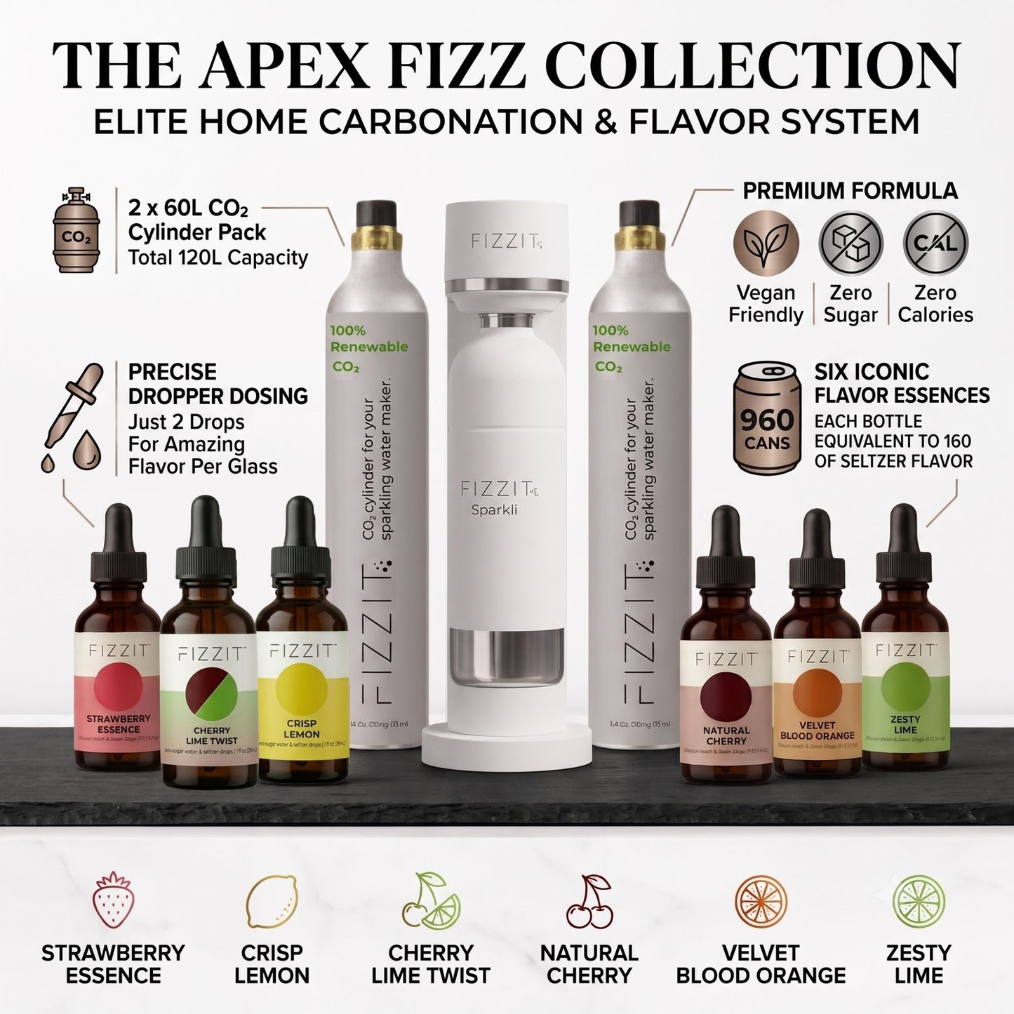 The APEX FIZZ Collection by FIZZIT: Elite Home Carbonation System Bundle | Includes Premium Soda Maker, Stainless Steel Bottle, Two 60L CO2 Cylinders, & 6 Zero-Sugar Flavor Drops (960 Cans Equivalent)