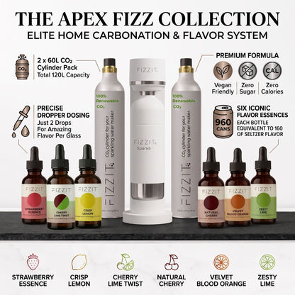 The APEX FIZZ Collection by FIZZIT: Elite Home Carbonation System Bundle | Includes Premium Soda Maker, Stainless Steel Bottle, Two 60L CO2 Cylinders, & 6 Zero-Sugar Flavor Drops (960 Cans Equivalent)