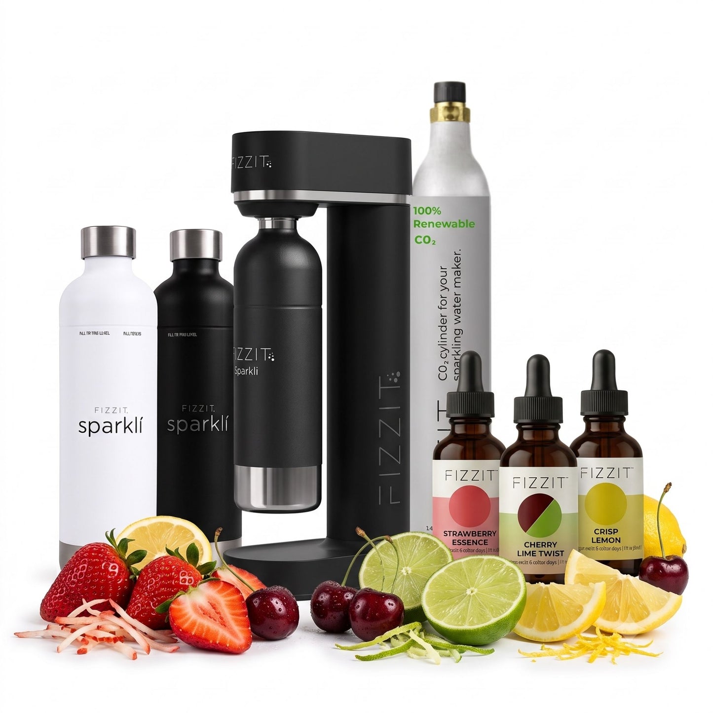 The FIZZIT Monarch Elite Collection | Premium Home Sparkling Water & Soda Maker Bundle | Includes 2 Stainless Steel Bottles, 60L CO2 Cylinder, & 3 Zero-Sugar Flavor Drops (480 Cans Equivalent)