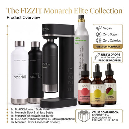 The FIZZIT Monarch Elite Collection | Premium Home Sparkling Water & Soda Maker Bundle | Includes 2 Stainless Steel Bottles, 60L CO2 Cylinder, & 3 Zero-Sugar Flavor Drops (480 Cans Equivalent)
