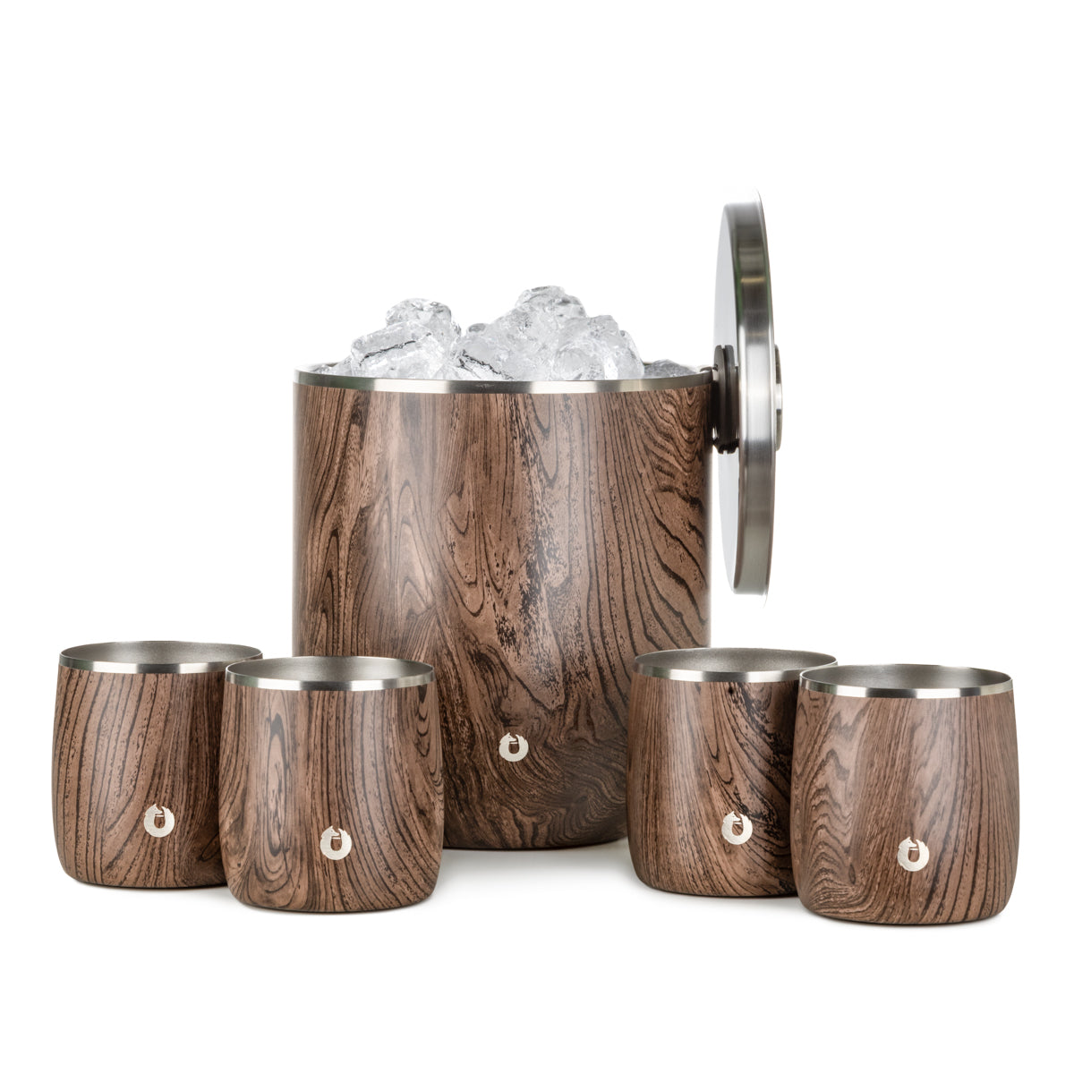 Stainless Steel Ice Bucket with Rocks Glass Set, Dark Walnut