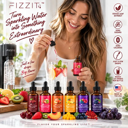 FIZZIT Flavor Drops Variety Pack – 6 Flavors | Zero Sugar, Zero Calories | Stevia Sweetened Sparkling Water Flavor Enhancer | Wild Cherry, Strawberry Kiwi, Peach, Mango Citrus, Blueberry Pomegranate & Grape | 1 oz Each