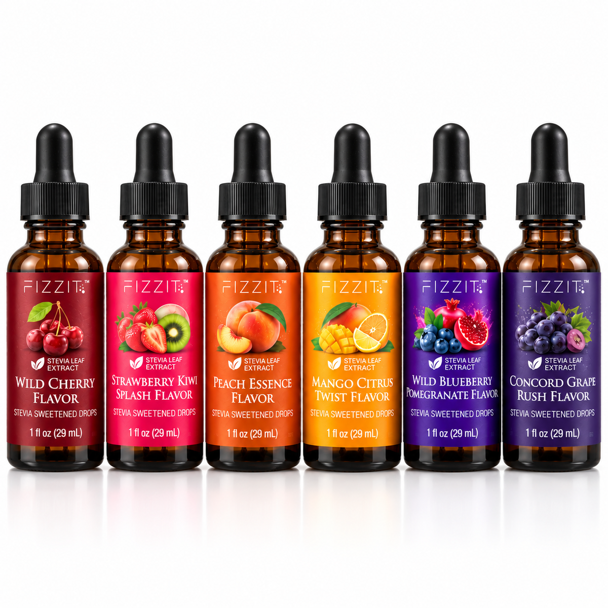 FIZZIT Flavor Drops Variety Pack – 6 Flavors | Zero Sugar, Zero Calories | Stevia Sweetened Sparkling Water Flavor Enhancer | Wild Cherry, Strawberry Kiwi, Peach, Mango Citrus, Blueberry Pomegranate & Grape | 1 oz Each