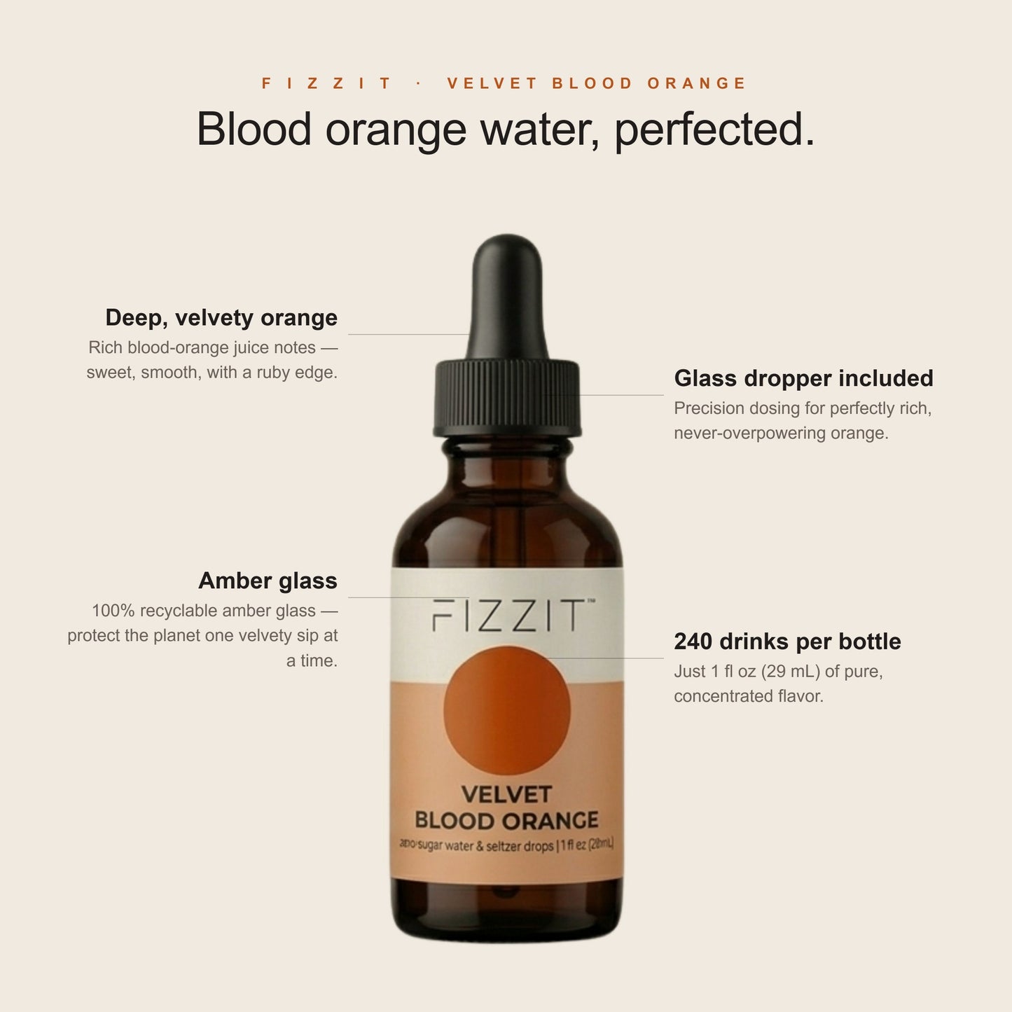 FIZZIT Velvet Blood Orange Flavor Drops | Zero Sugar, Zero Calories | Natural Sparkling Water Enhancer | Replaces 160 Seltzer Cans | 1 fl oz (29mL) Glass Bottle with Dropper