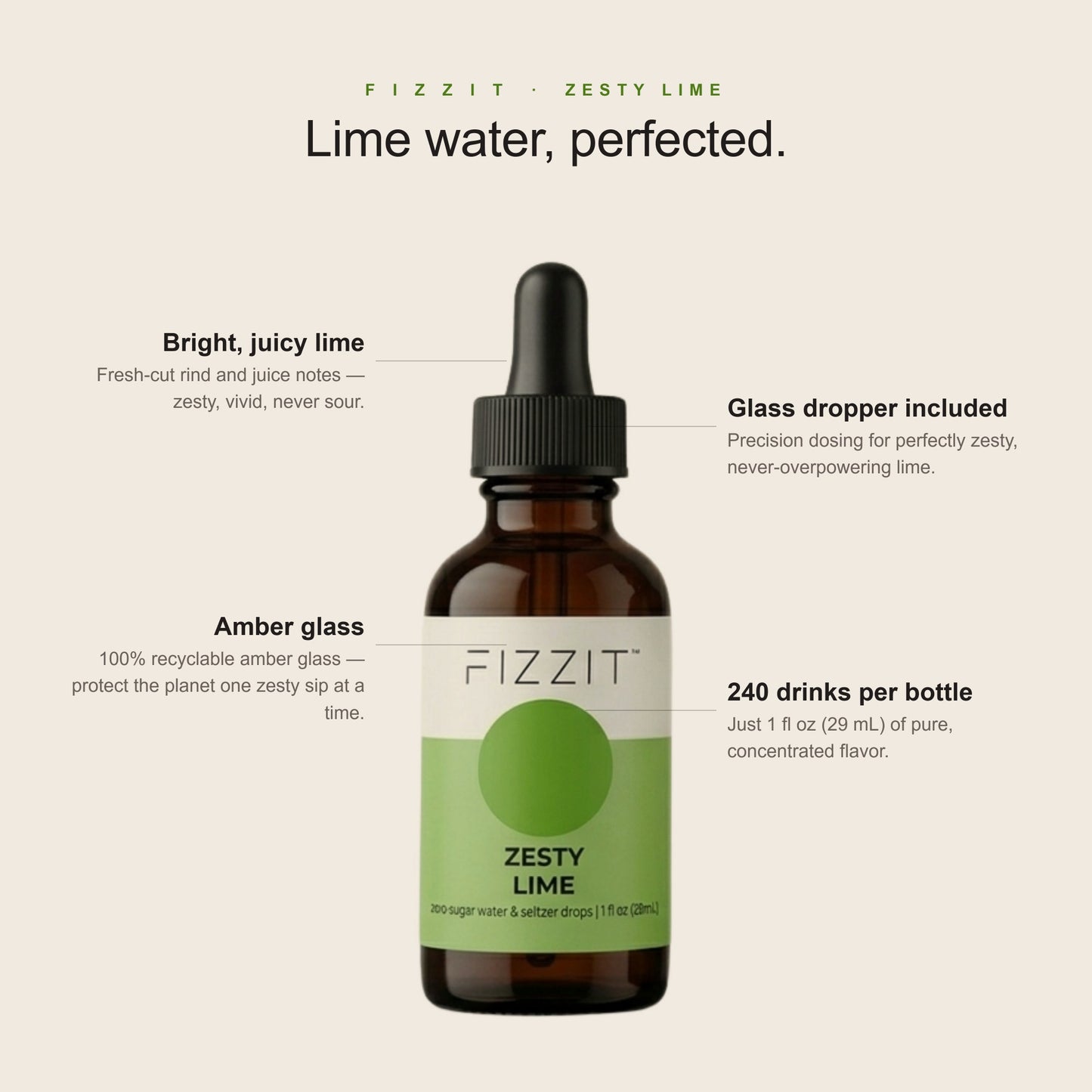 FIZZIT Zesty Lime Flavor Drops | Zero Sugar, Zero Calories | Natural Sparkling Water Drops | 1 fl oz (29mL) Glass Bottle with Dropper