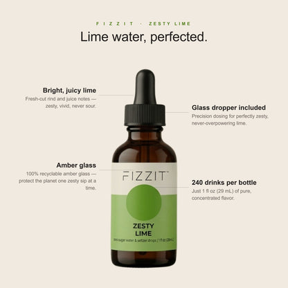 FIZZIT Zesty Lime Flavor Drops | Zero Sugar, Zero Calories | Natural Sparkling Water Drops | 1 fl oz (29mL) Glass Bottle with Dropper