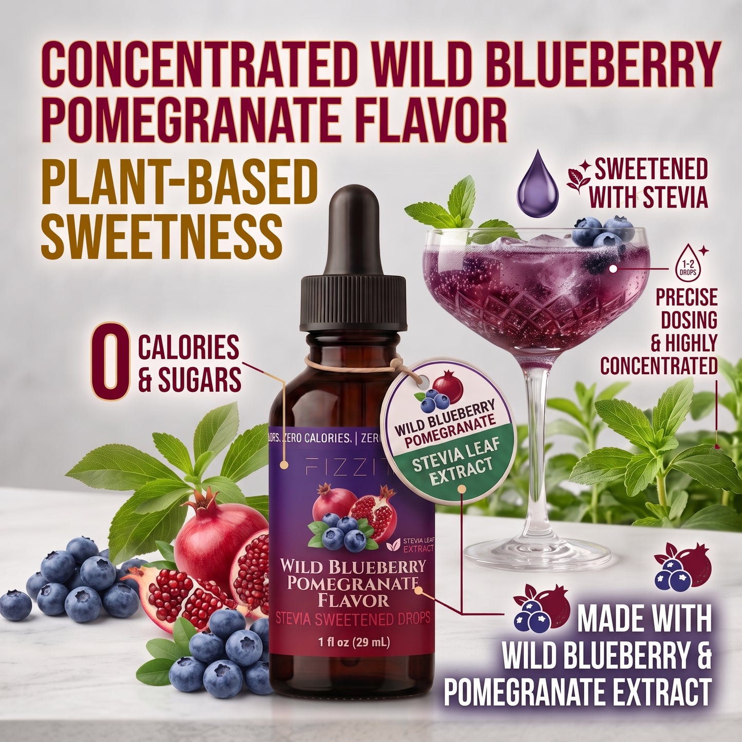 FIZZIT Blueberry Pomegranate Splash - Naturally Sweetened Zero-Sugar Water Drops