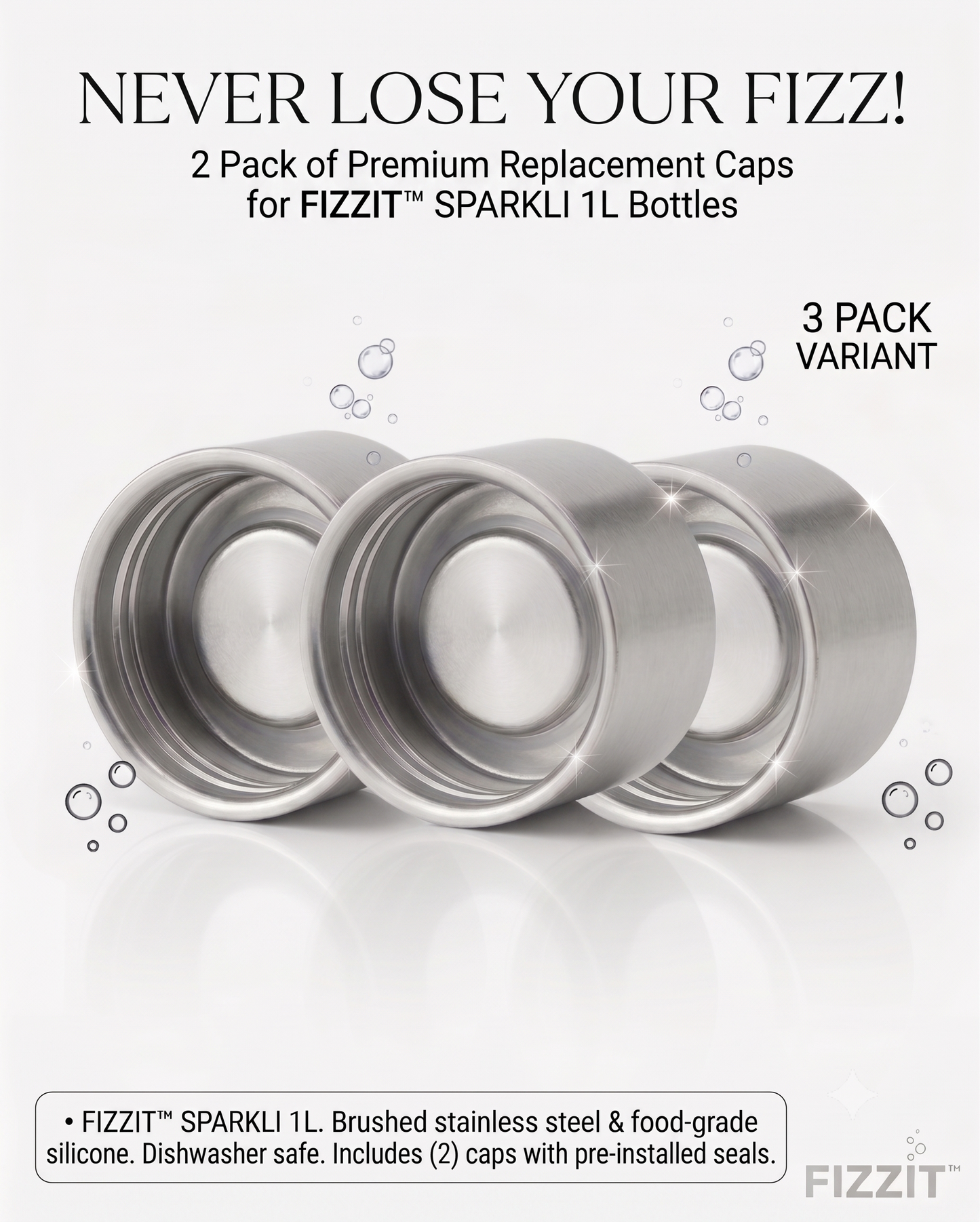 Replacement Stainless Steel Cap for SPARKLI Carbonating Bottles (Includes Airtight Silicone Gasket)