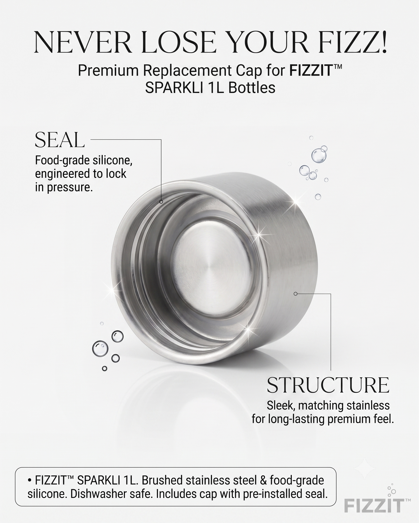 Replacement Stainless Steel Cap for SPARKLI Carbonating Bottles (Includes Airtight Silicone Gasket)