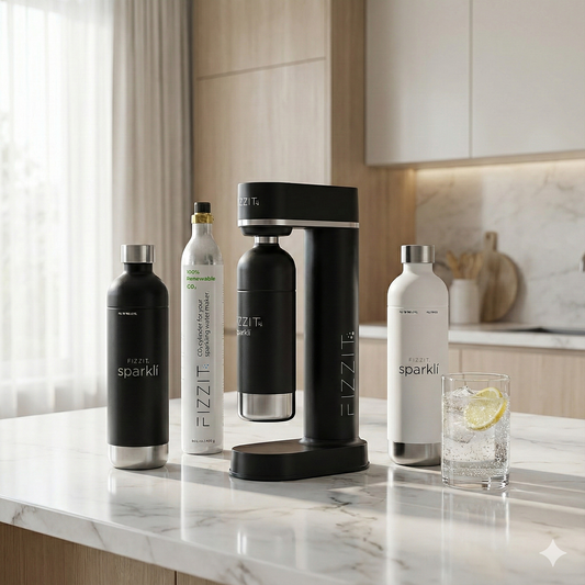 FIZZIT Duo Hydration Set (Includes soda maker, 1 CO₂ cylinder & 2 stainless bottles (Black + White)
