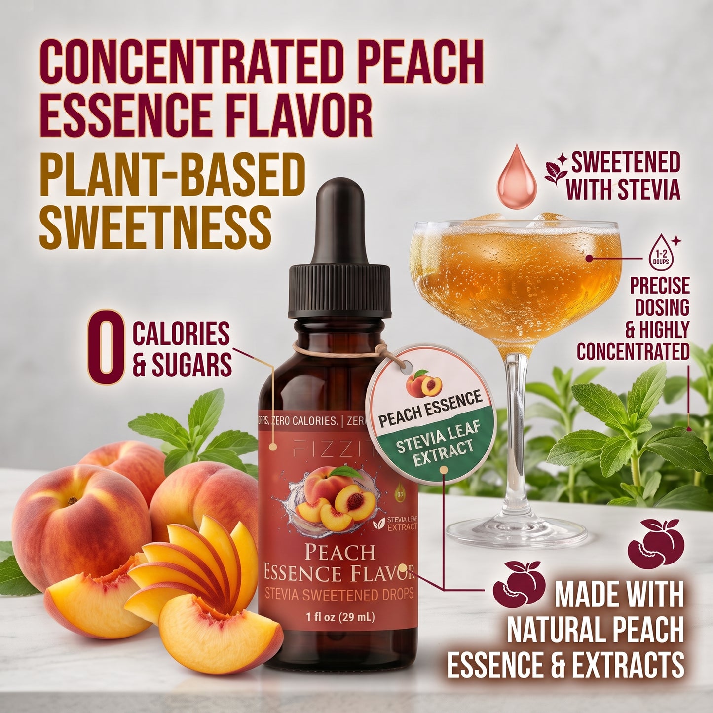 FIZZIT Juicy Peach Essence - Naturally Sweetened Zero-Sugar Water Drops