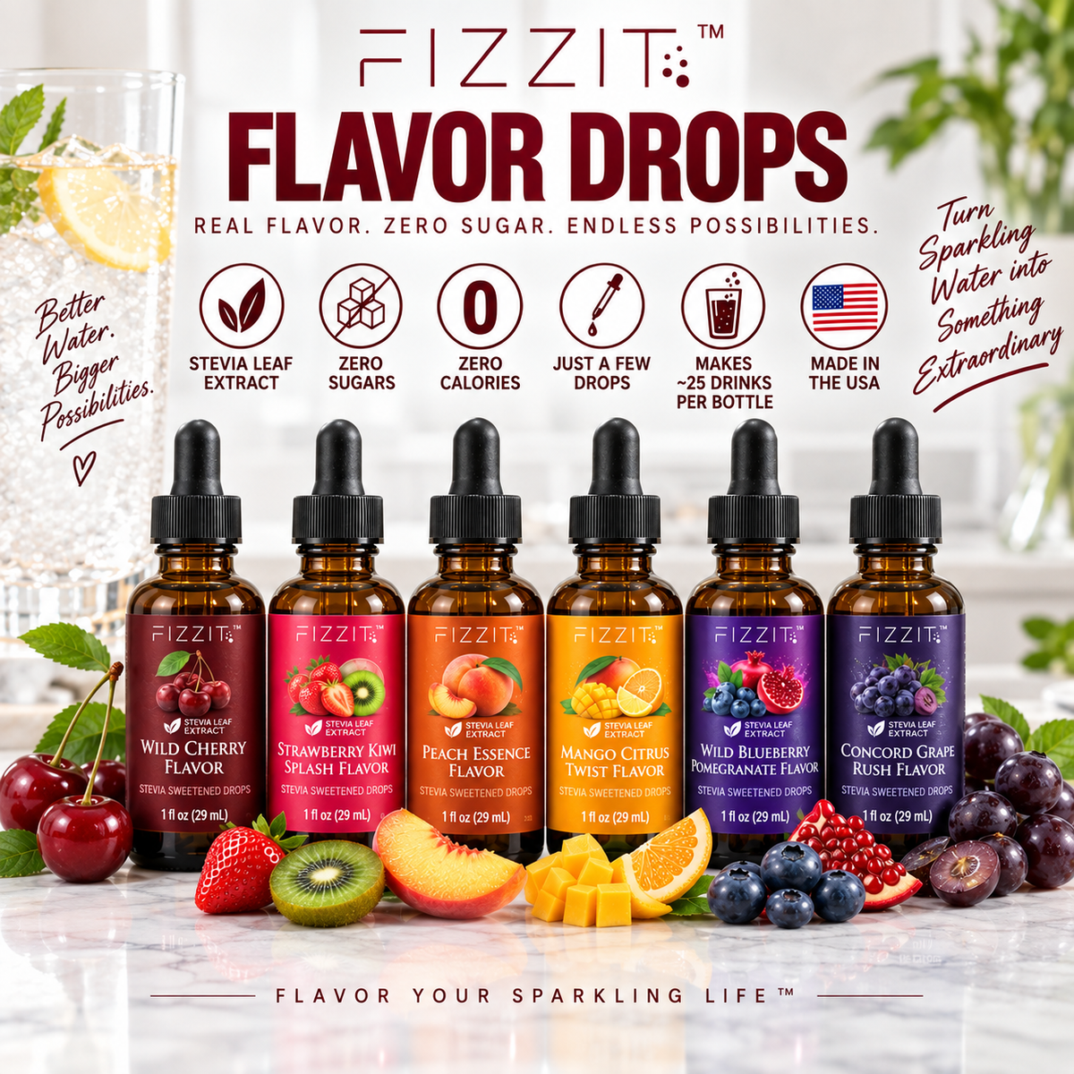 FIZZIT Flavor Drops Variety Pack – 6 Flavors | Zero Sugar, Zero Calories | Stevia Sweetened Sparkling Water Flavor Enhancer | Wild Cherry, Strawberry Kiwi, Peach, Mango Citrus, Blueberry Pomegranate & Grape | 1 oz Each