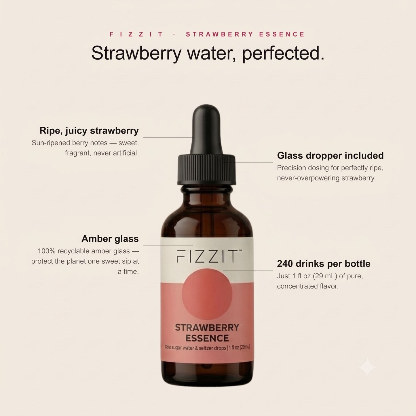 FIZZIT Strawberry Essence Flavor Drops | Zero Sugar, Zero Calories | Natural Sparkling Water Enhancer | Replaces 160 Seltzer Cans | 1 fl oz (29mL) Glass Bottle with Dropper