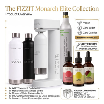 The FIZZIT Monarch Elite Collection | Premium Home Sparkling Water & Soda Maker Bundle | Includes 2 Stainless Steel Bottles, 60L CO2 Cylinder, & 3 Zero-Sugar Flavor Drops (480 Cans Equivalent)