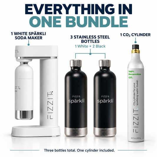 Bundle contents: white Sparkli, one white bottle, two black bottles and one CO2 cylinder